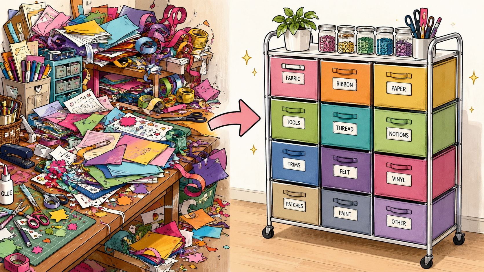 A split image showing a messy craft workspace transformed into an organized 12-drawer rolling storage cart.