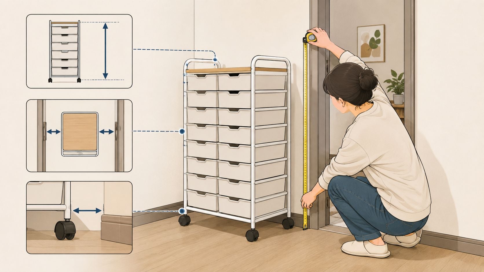 A woman measuring the height of a white 12-drawer rolling cart in a room with a doorway.
