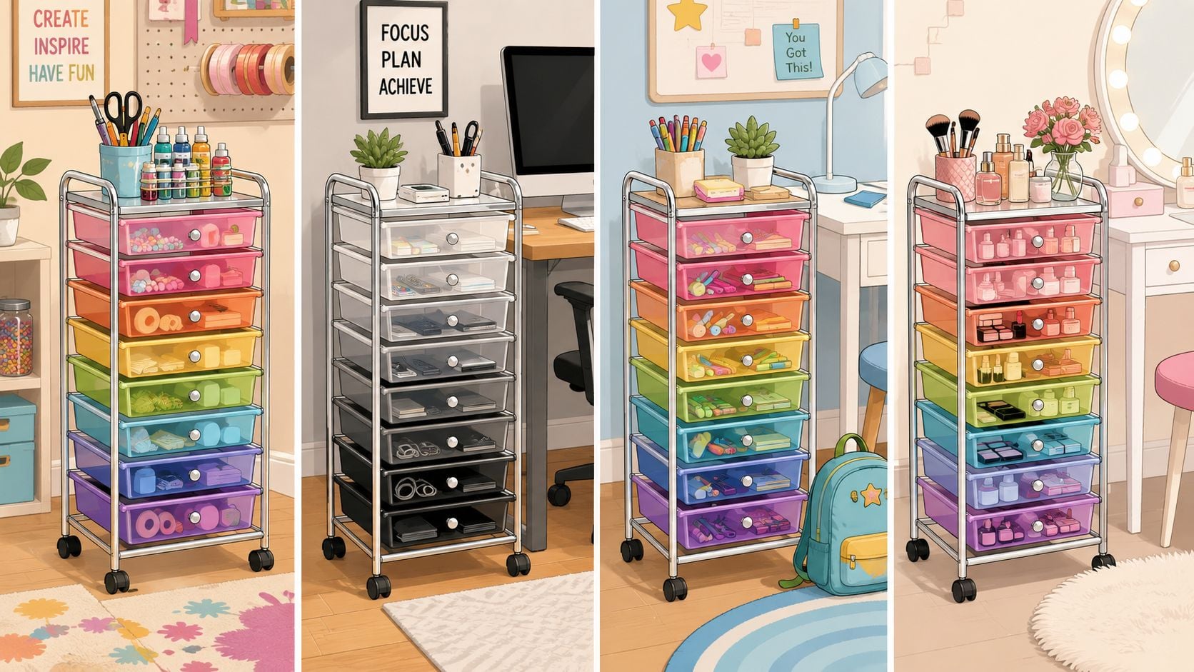 Four different colorful 12 drawer rolling carts used for organizing art supplies, electronics, school supplies, and makeup.