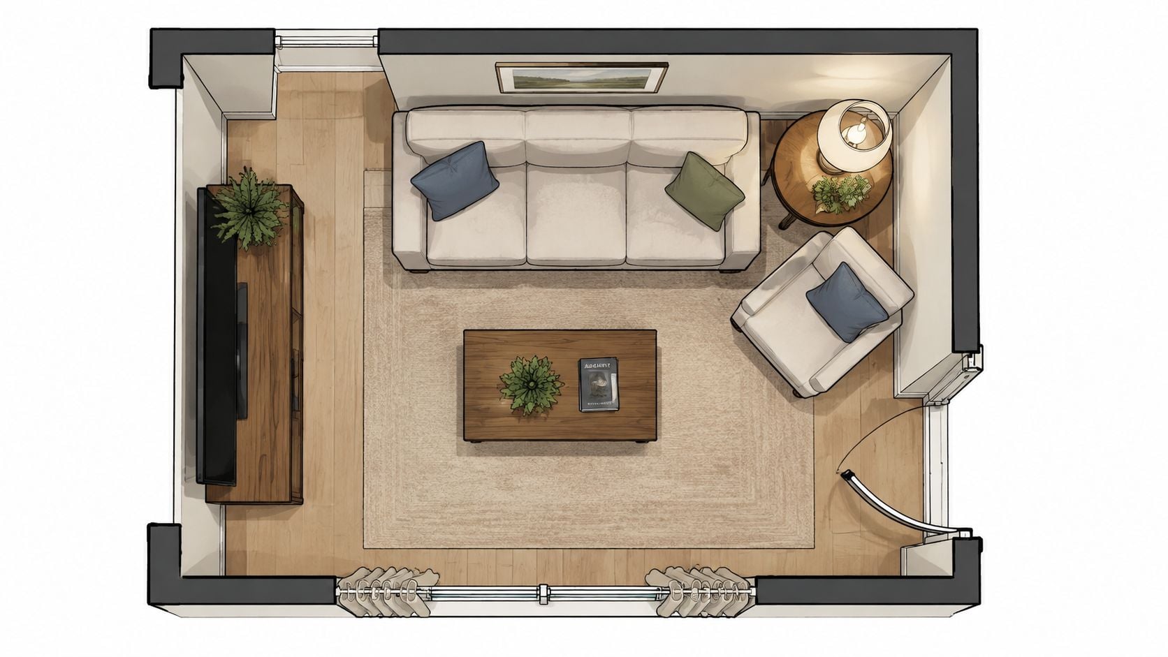 A top-down architectural floor plan view of a living room featuring a sofa, armchair, and coffee table.