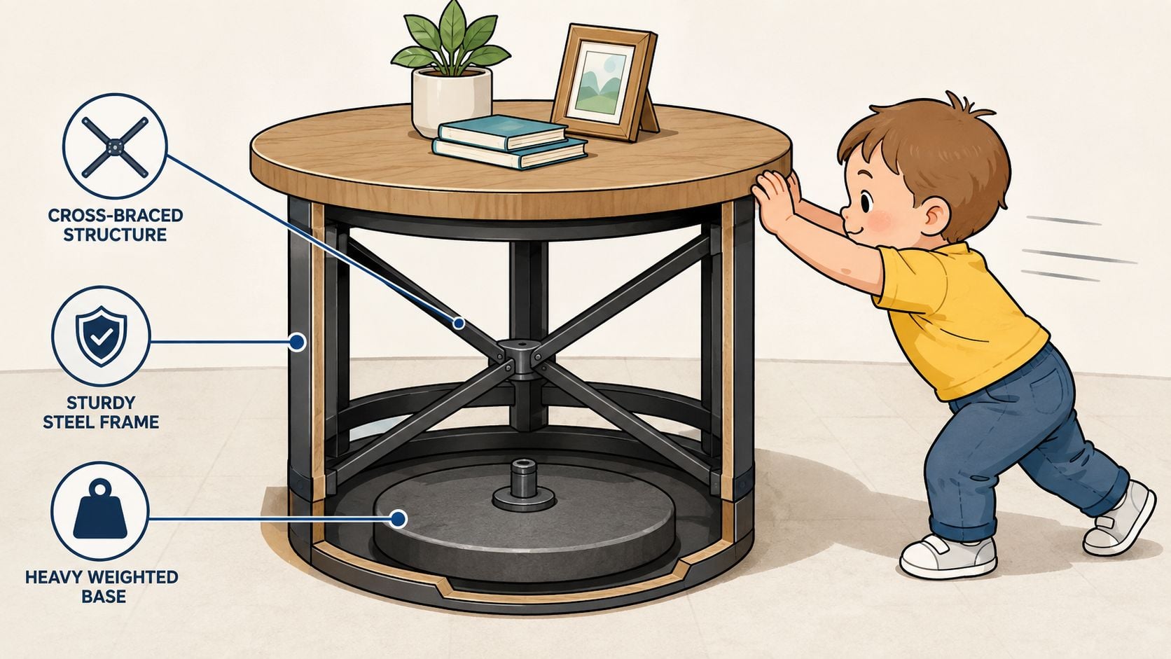 A toddler pushing a round wooden accent table featuring a heavy-weighted base and a sturdy steel frame.