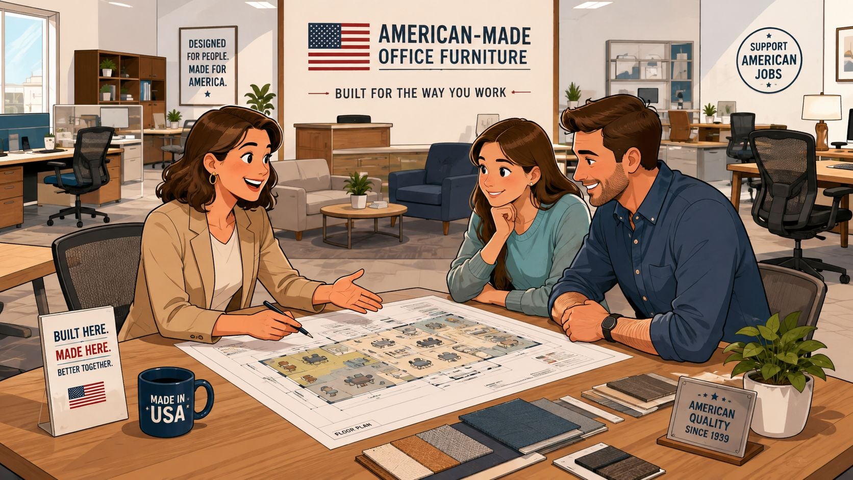 A professional interior designer discussing office floor plans with a couple in a showroom featuring American-made furniture.