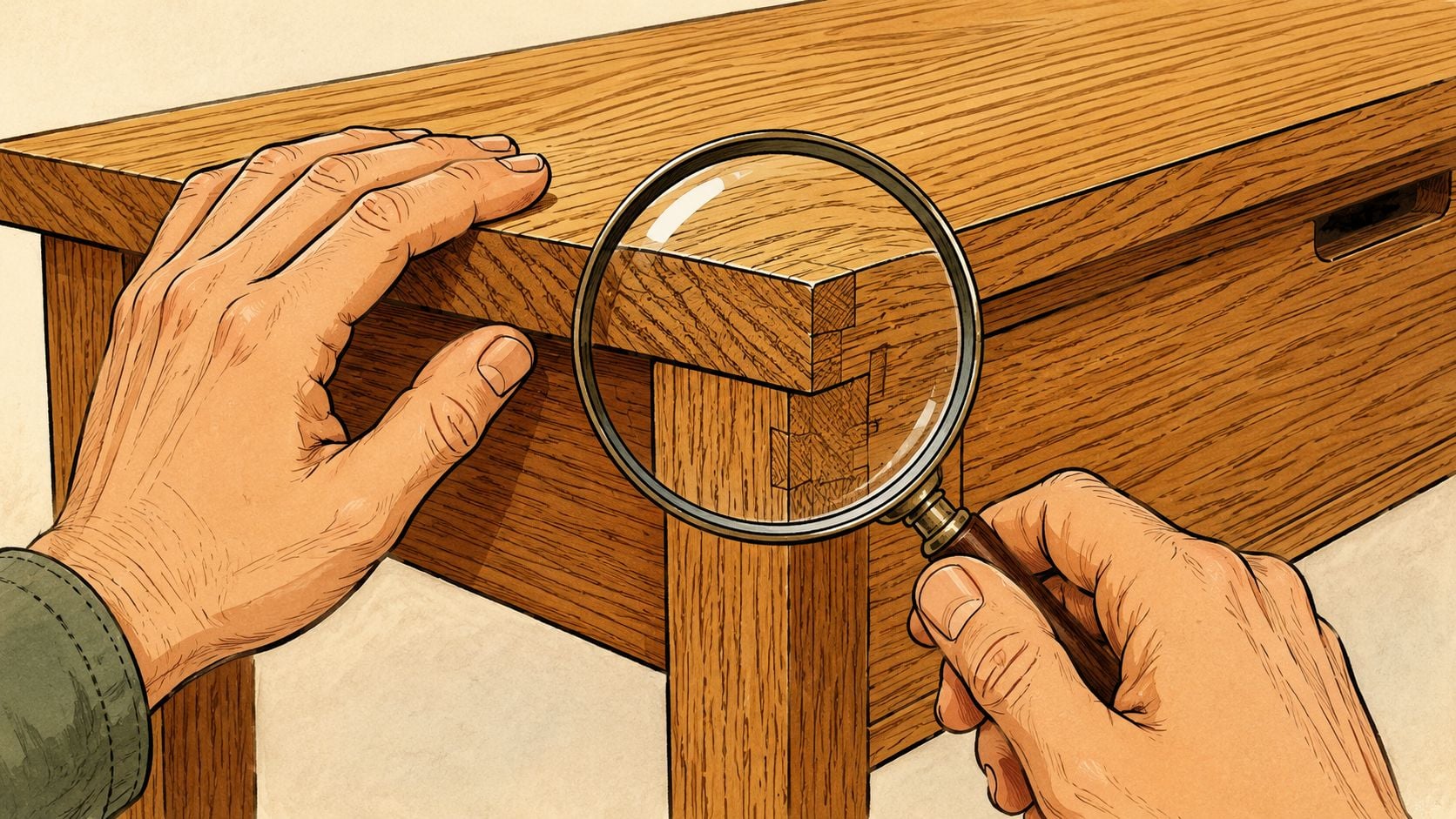 A close-up illustration of hands examining high-quality wooden furniture joinery with a magnifying glass.