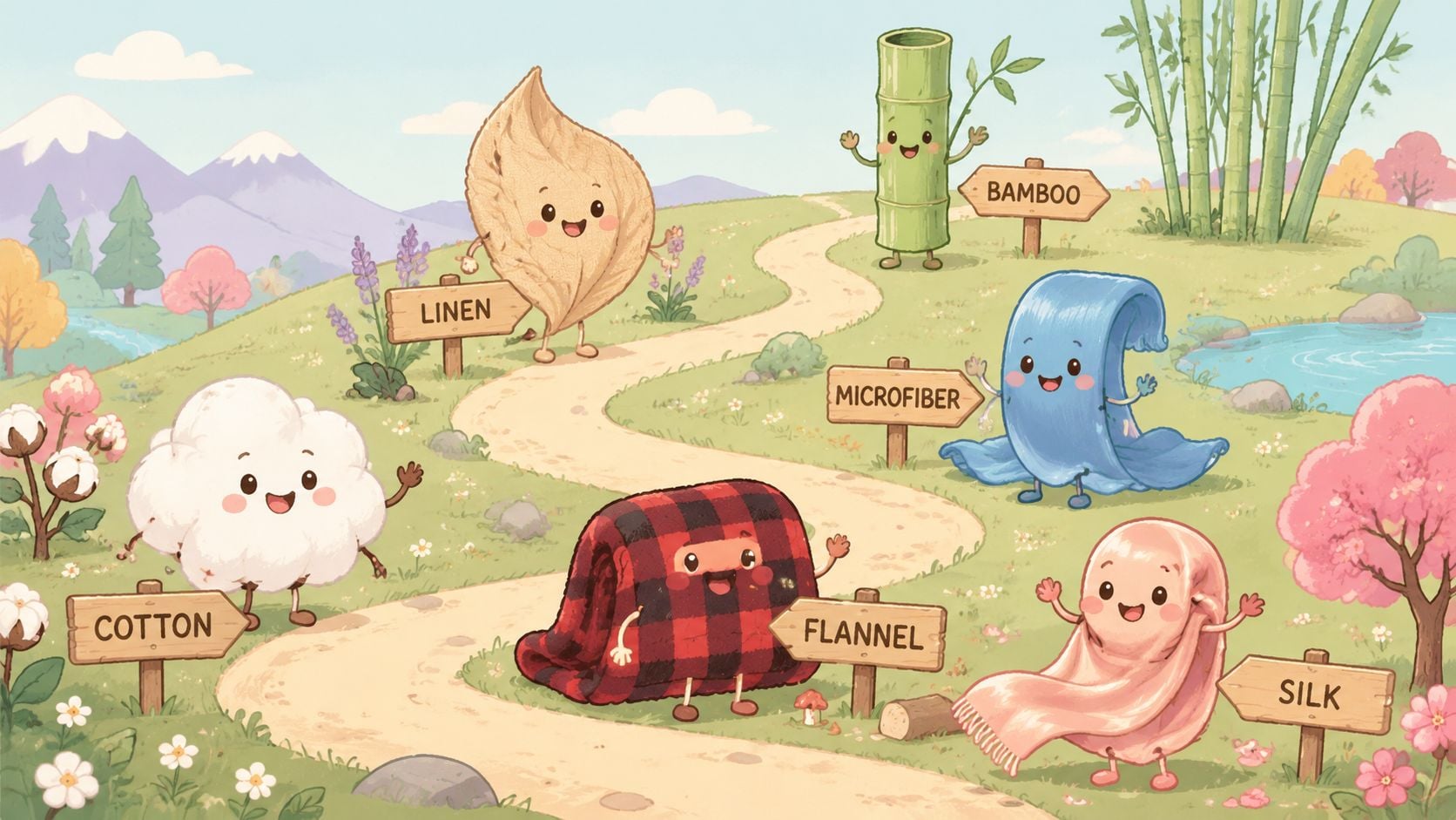 A whimsical cartoon illustration depicting various bedding material characters, including cotton, linen, bamboo, microfiber, flannel, and silk.
