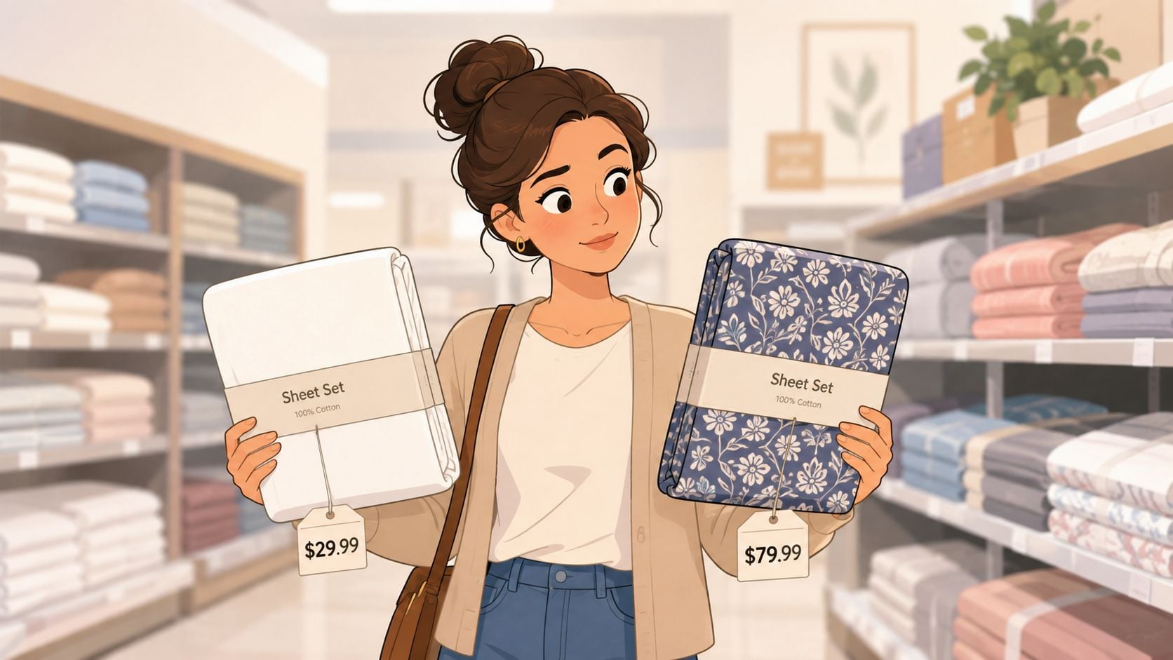 A woman shopping in a store comparing a simple white sheet set to a floral patterned set.
