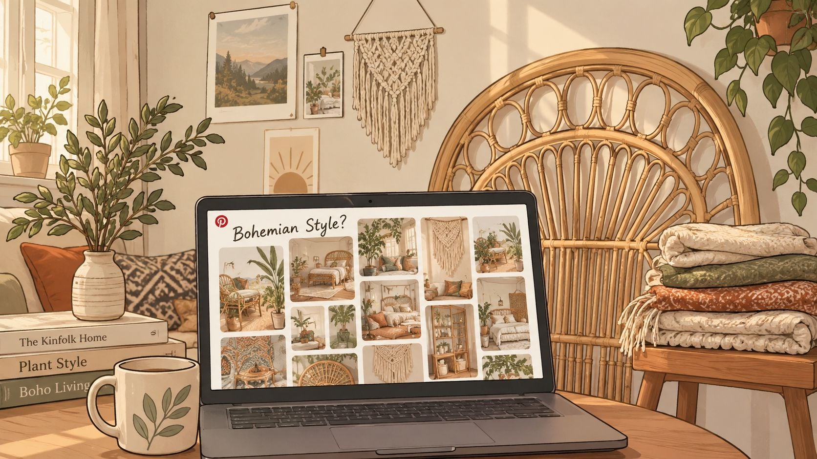 A cozy desk featuring a laptop displaying bohemian style home decor ideas near books and plants.