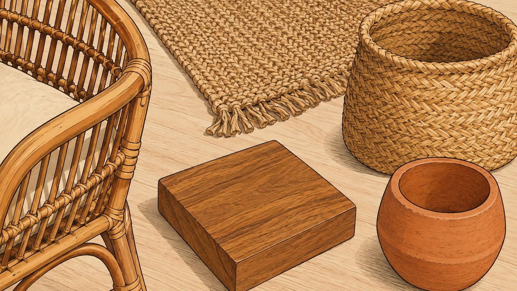 A boho-inspired room corner with rattan chair, woven rug, wooden block, and a clay planter pot.