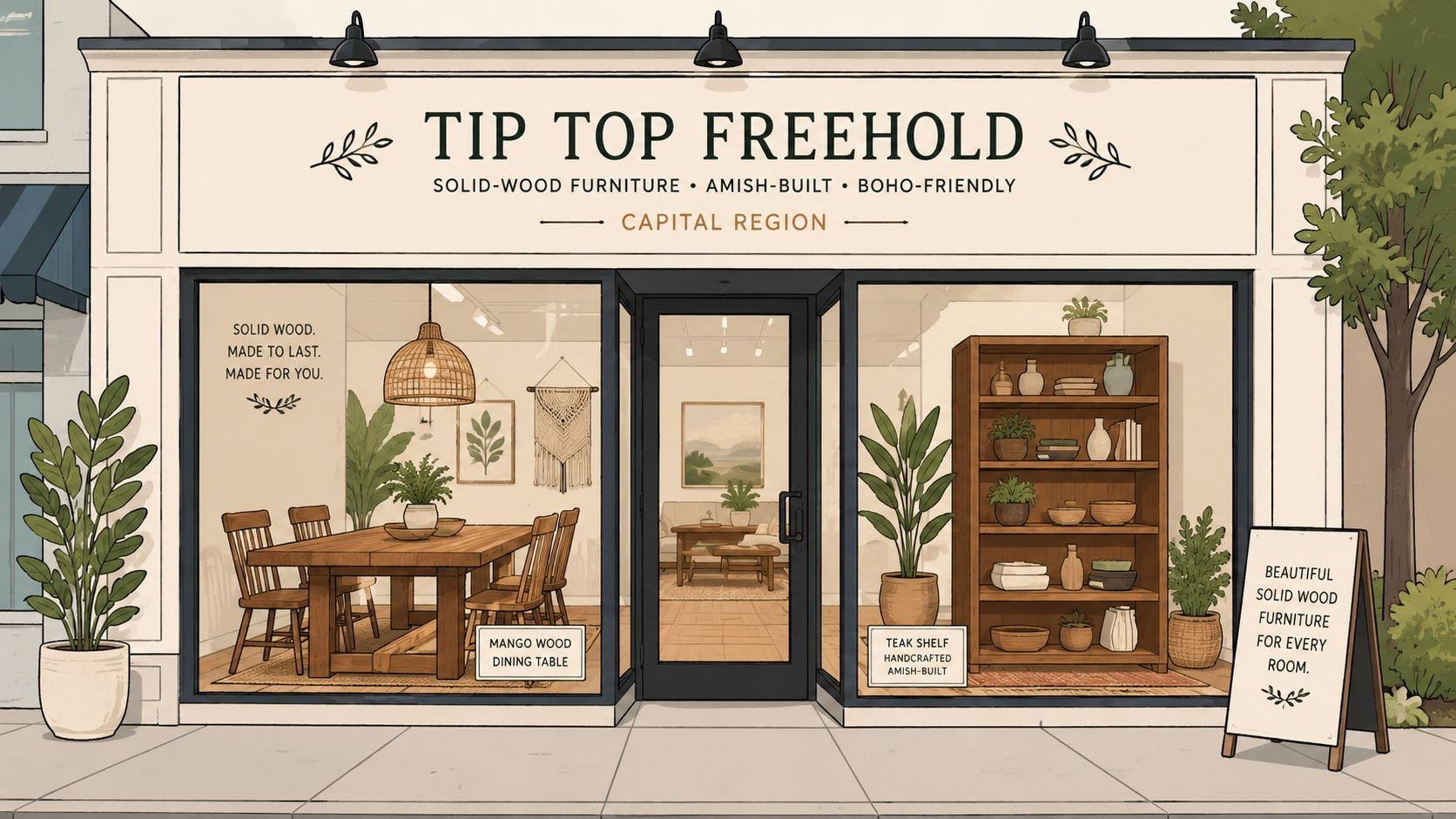 Storefront of Tip Top Freehold, a boutique furniture shop selling solid wood and boho-style home furnishings.