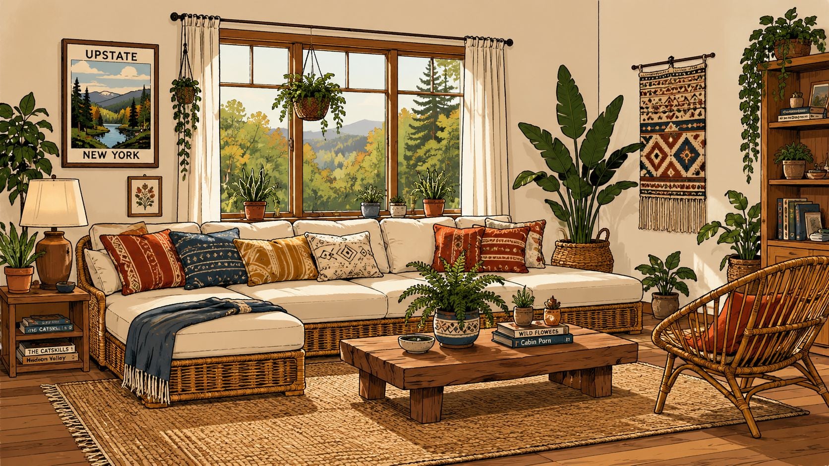 A cozy bohemian living room with a rattan sofa, wooden coffee table, large indoor plants, and mountain views.