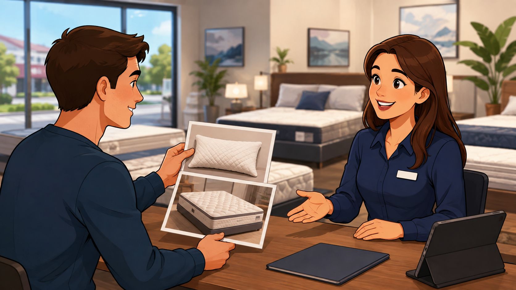 A salesman and a customer discussing mattress and pillow options in a mattress retail showroom.