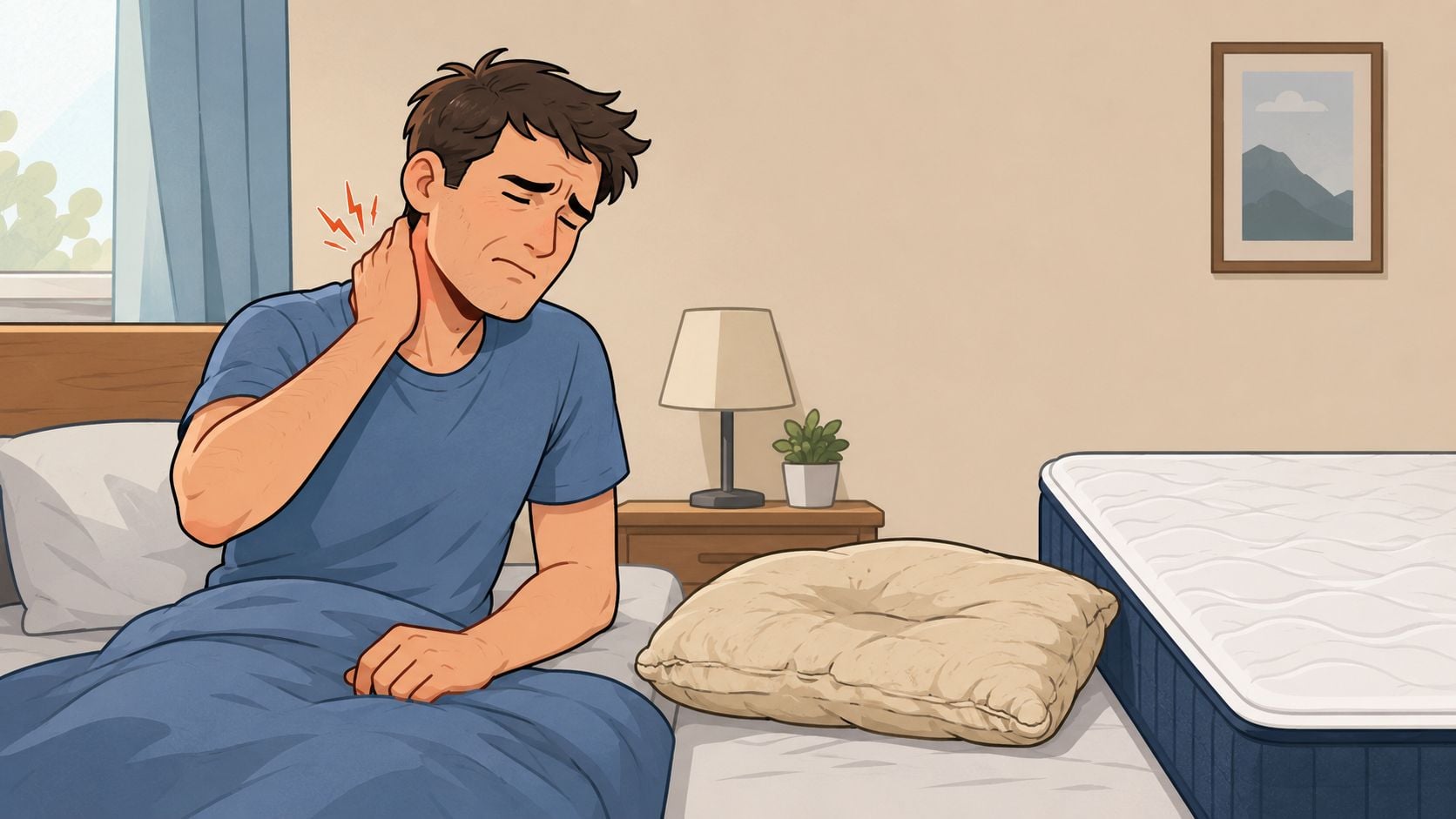 A man waking up in bed with neck pain while holding his head and touching his shoulder.