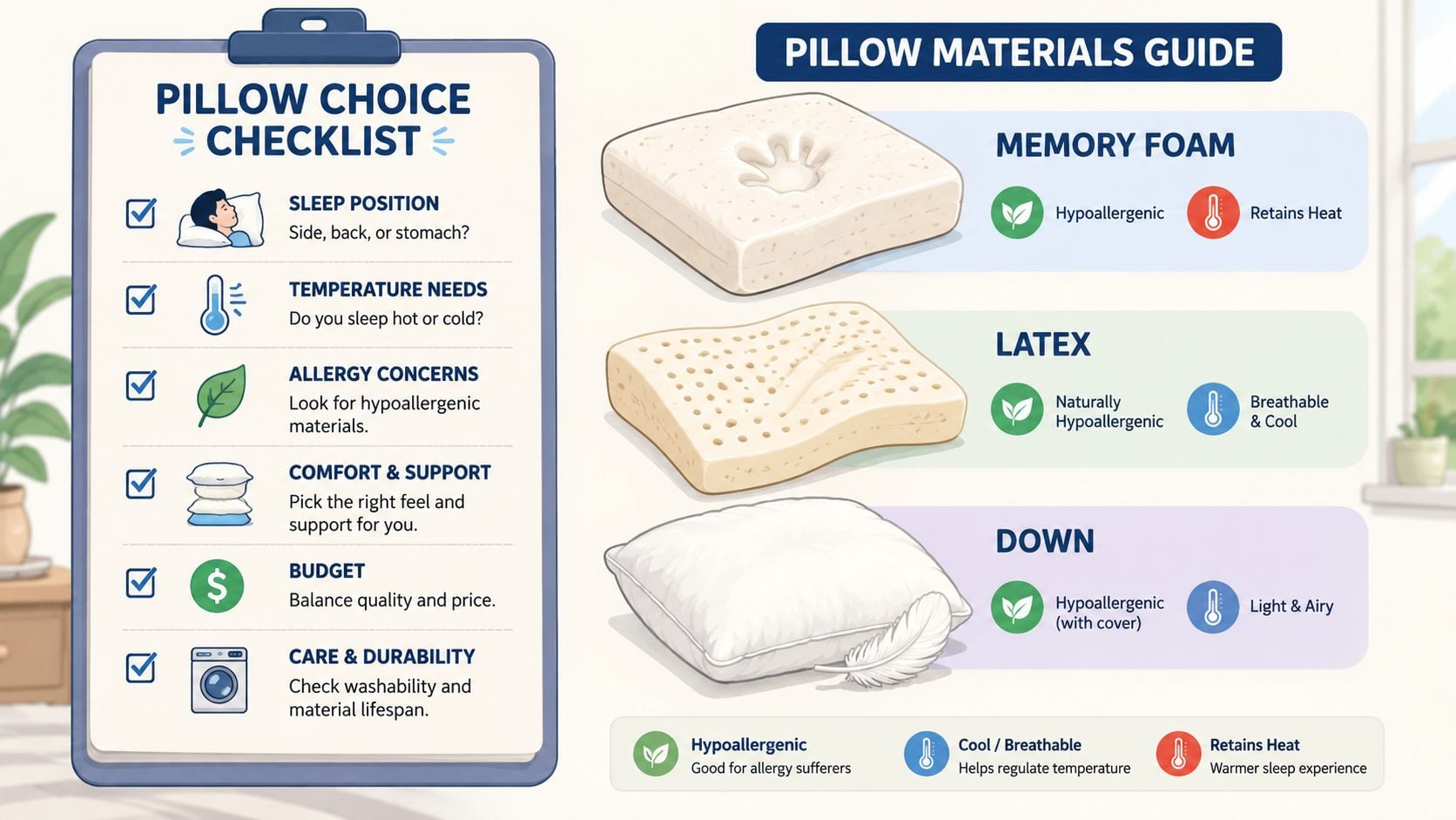 A clipboard showing a pillow choice checklist alongside a guide comparing memory foam, latex, and down pillows.
