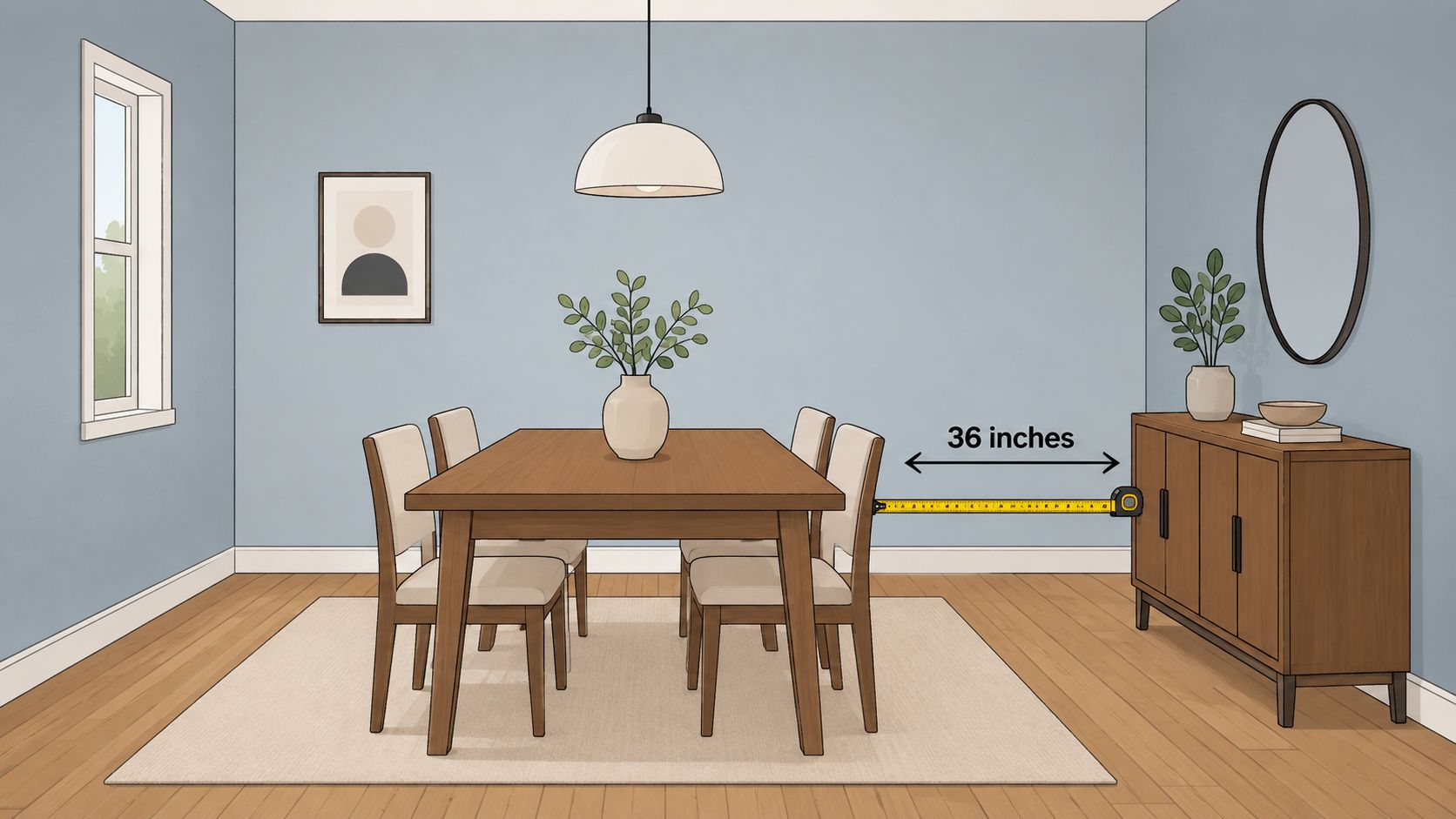 A modern dining room layout showing a hardwood table with chairs and a buffet console with measurements.
