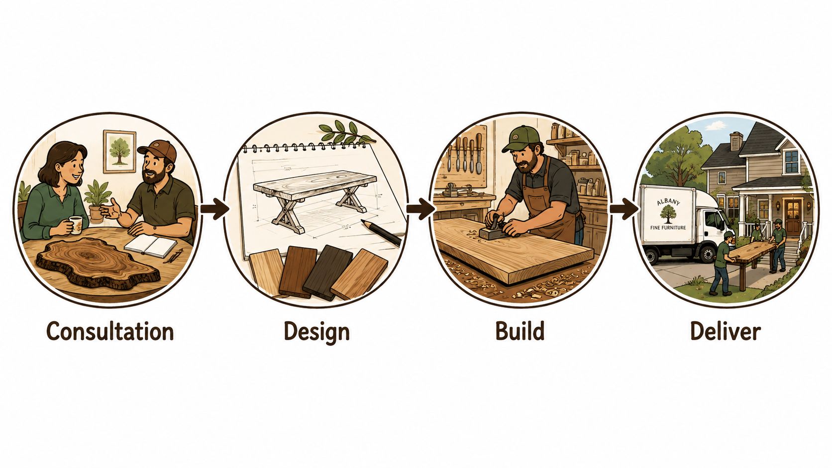 A four-step illustration showing the process of commissioning custom hardwood dining tables from consultation to delivery.