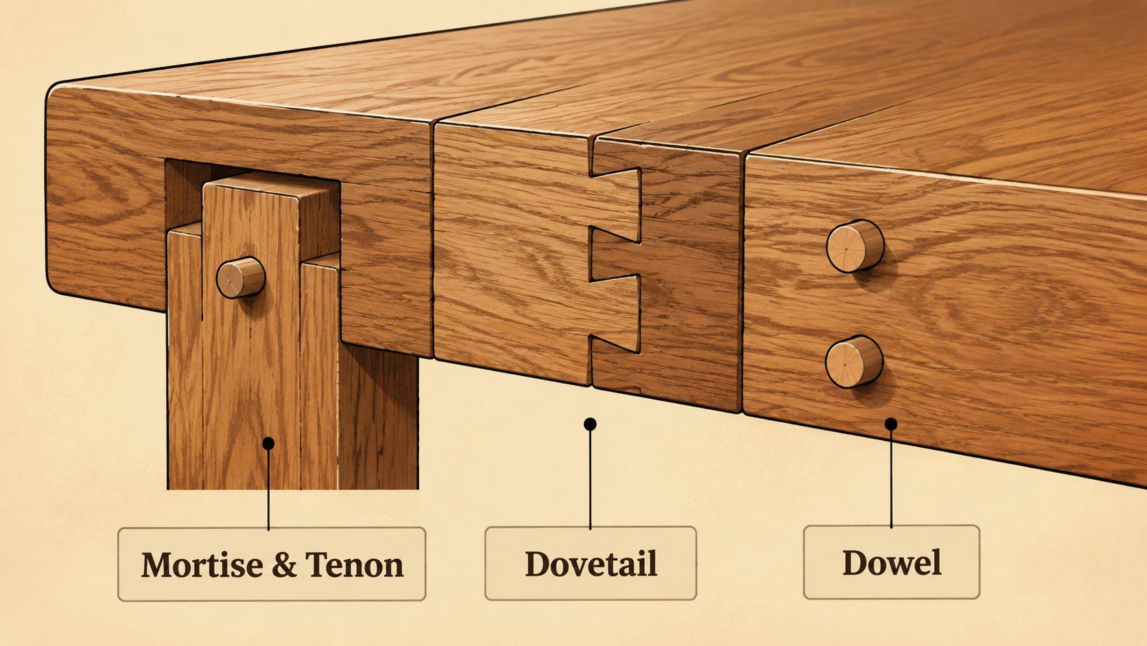 A close-up illustration showing three common types of woodworking joints: mortise and tenon, dovetail, and dowel.