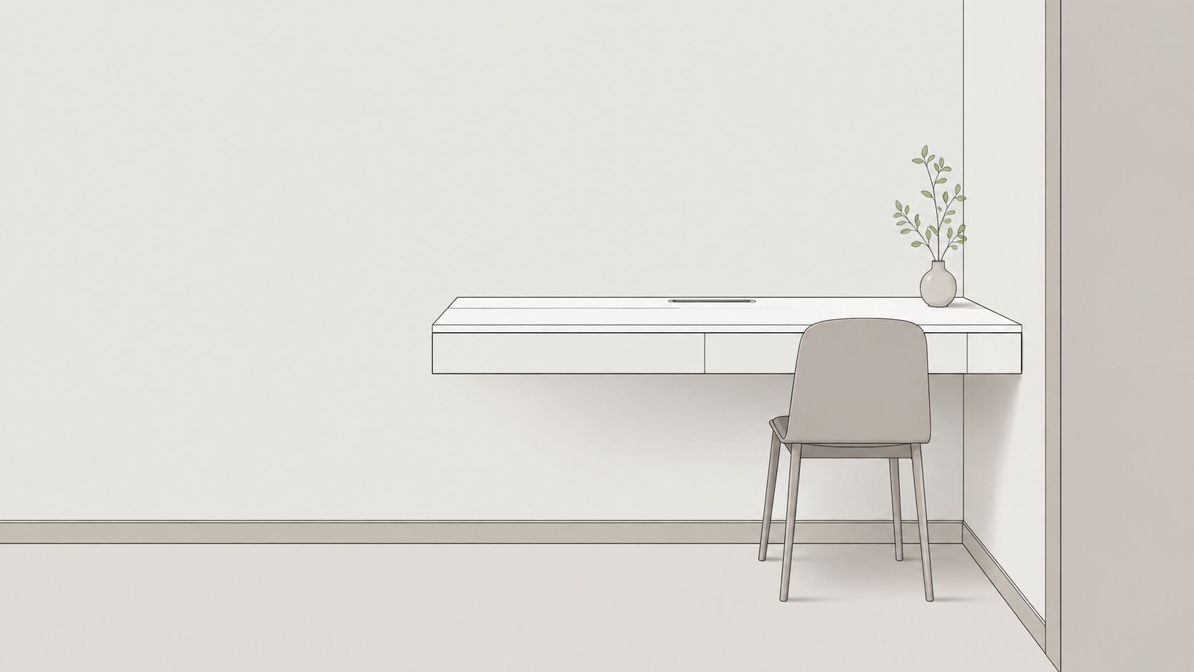 A minimalist floating desk for small spaces with a single chair and a small vase of greenery.
