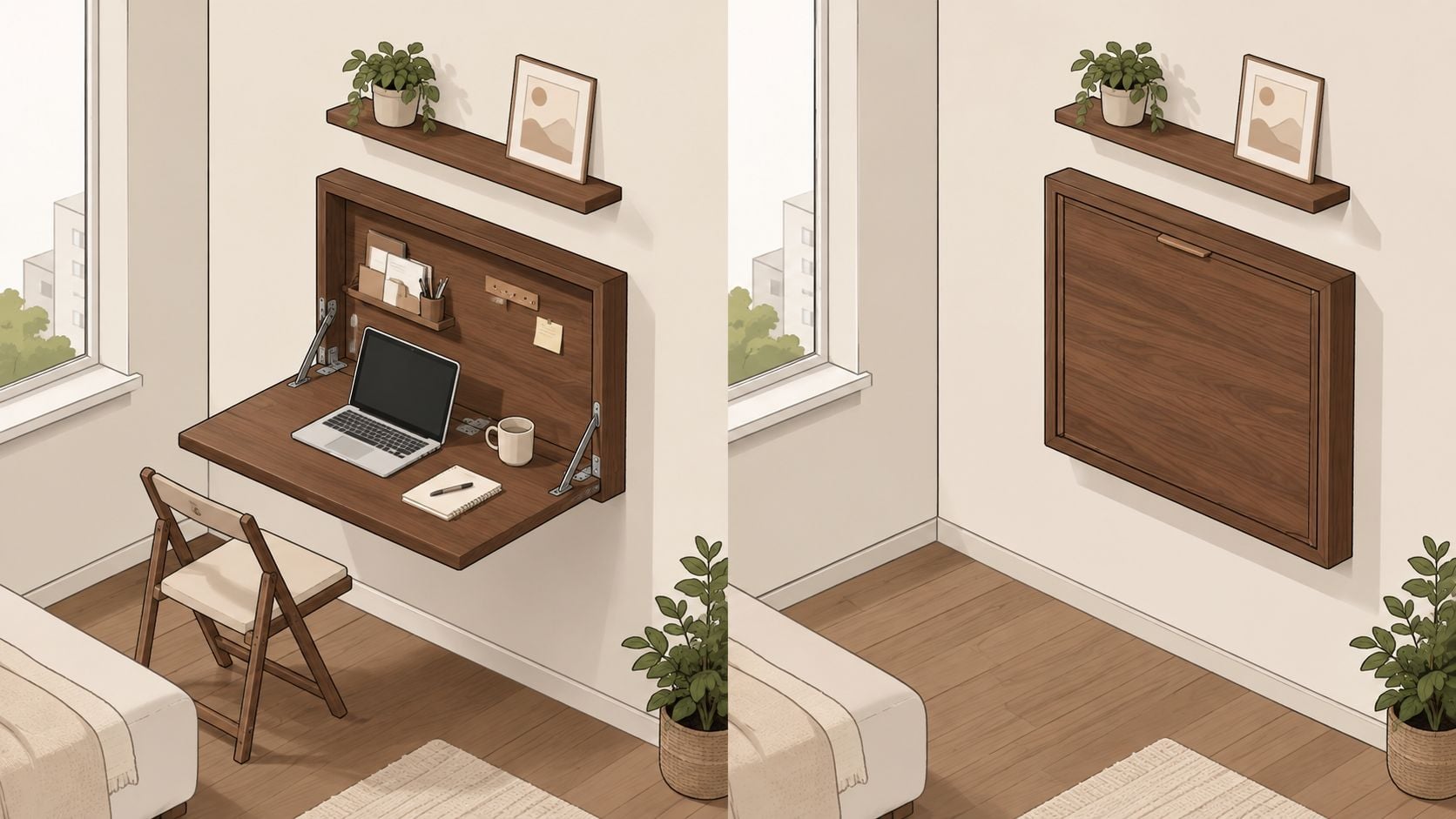 A modern wall-mounted fold-down desk shown both open for working and closed against a white wall.