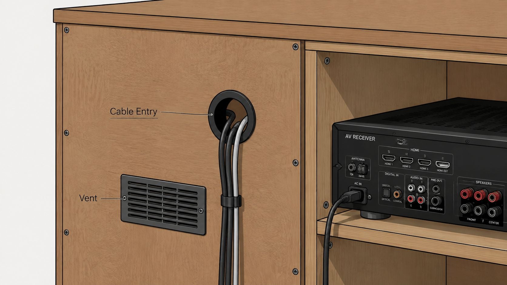 A wooden cabinet back panel featuring a cable management hole and a small ventilation grille.