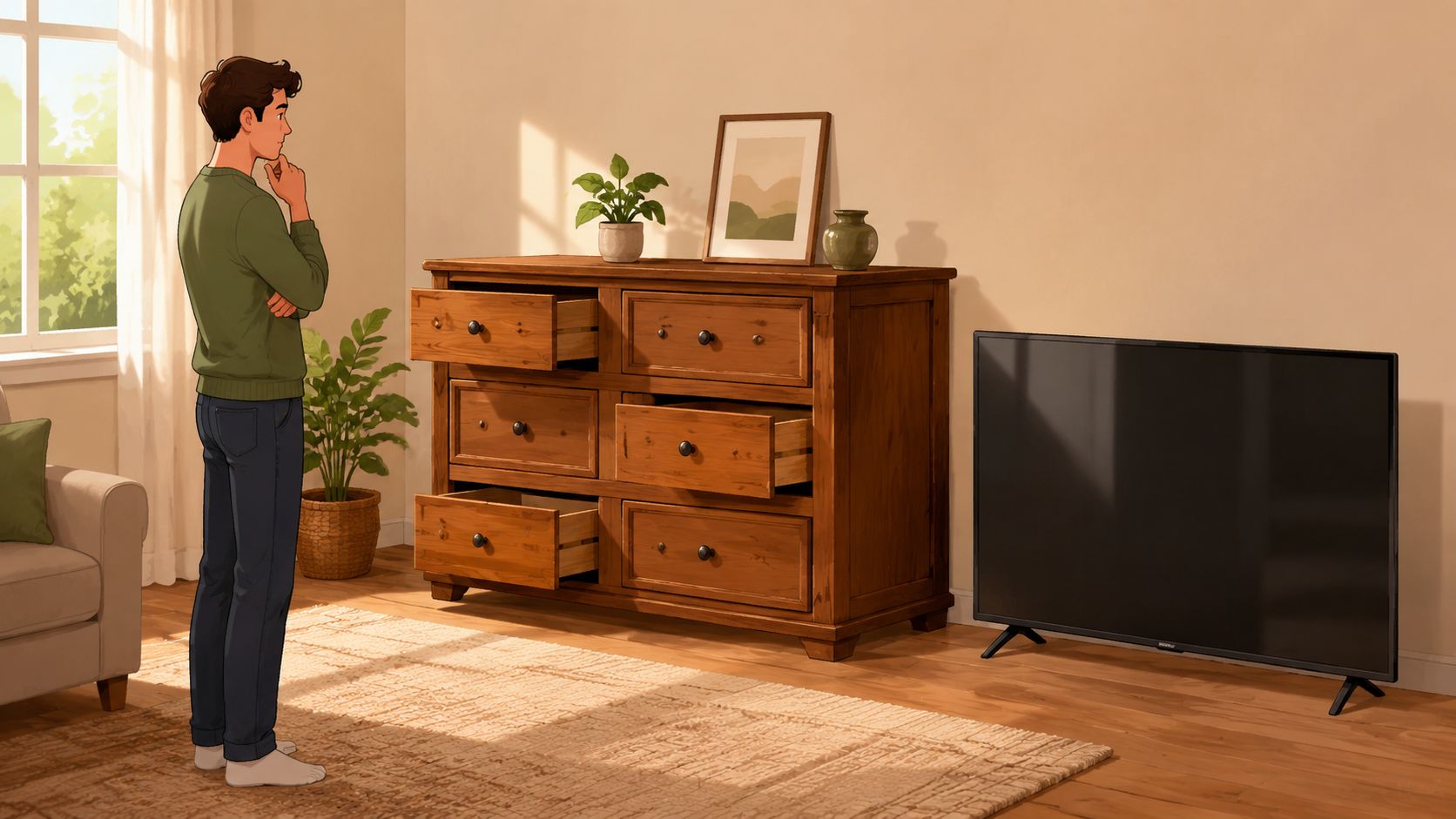 A man stands thoughtfully in a bright living room, looking at a wooden dresser near a television.