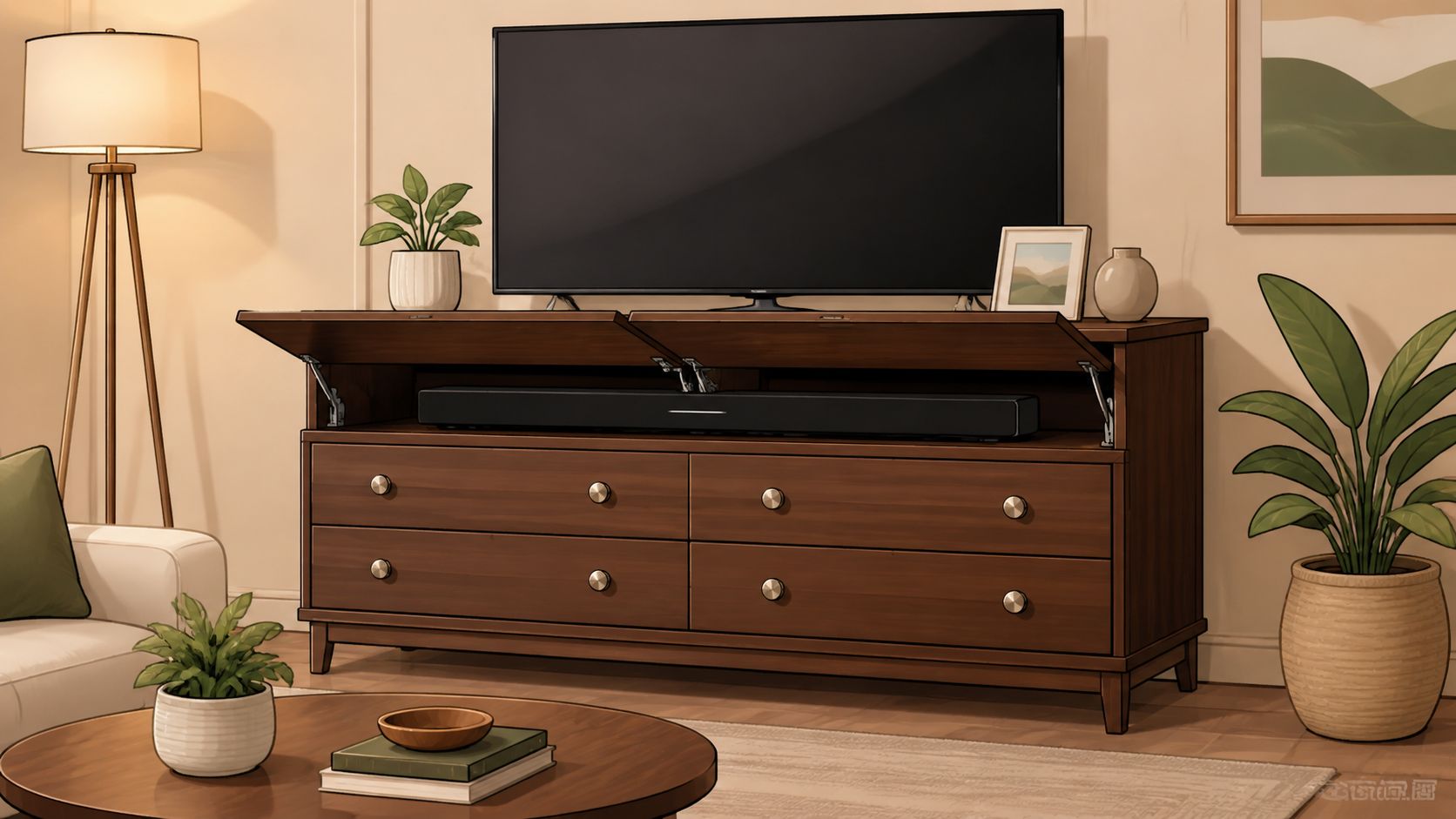 A modern wooden media dresser serving as an entertainment center with a television and soundbar in living room.