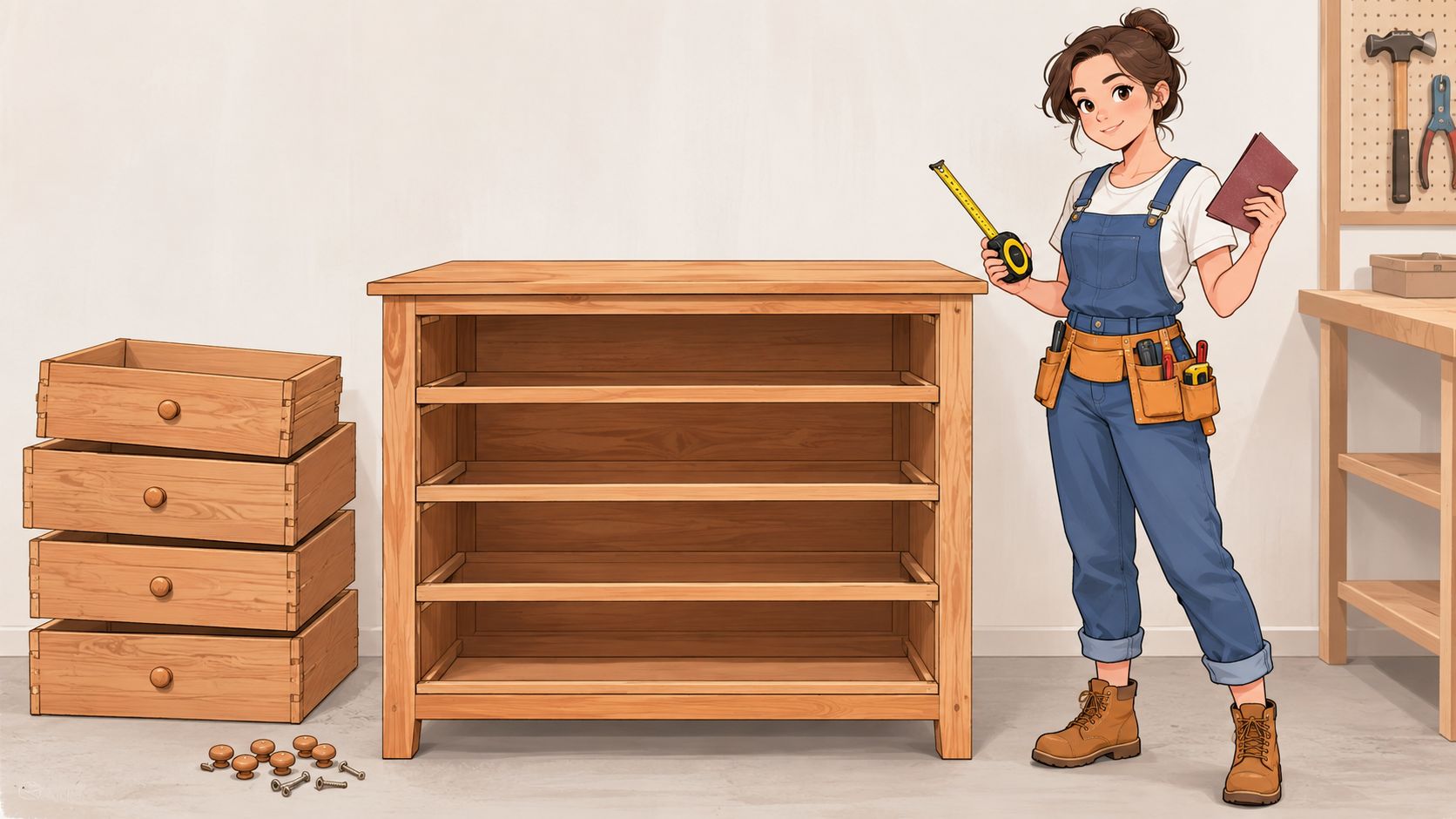 A woman in overalls holding a measuring tape stands next to a wooden dresser and drawers.