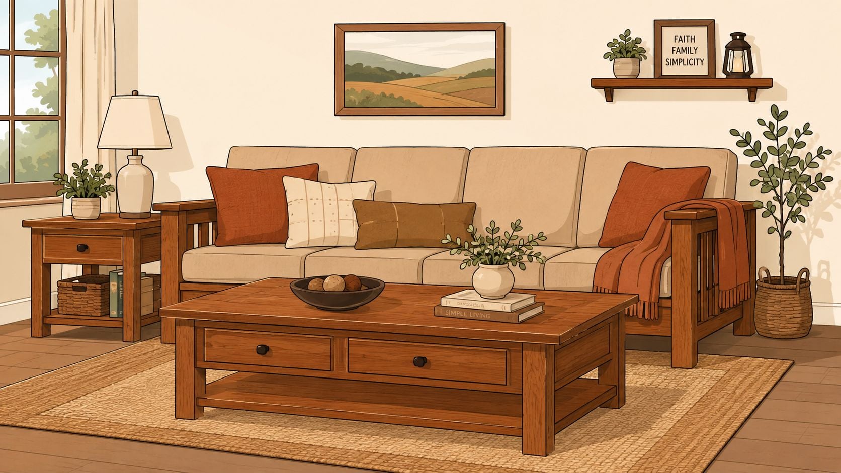 A cozy living room interior featuring a beige sofa with earth tone pillows and rustic wooden furniture.