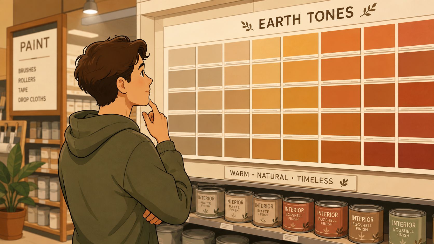 A young man looking thoughtfully at an earth tone paint color palette in a hardware store.