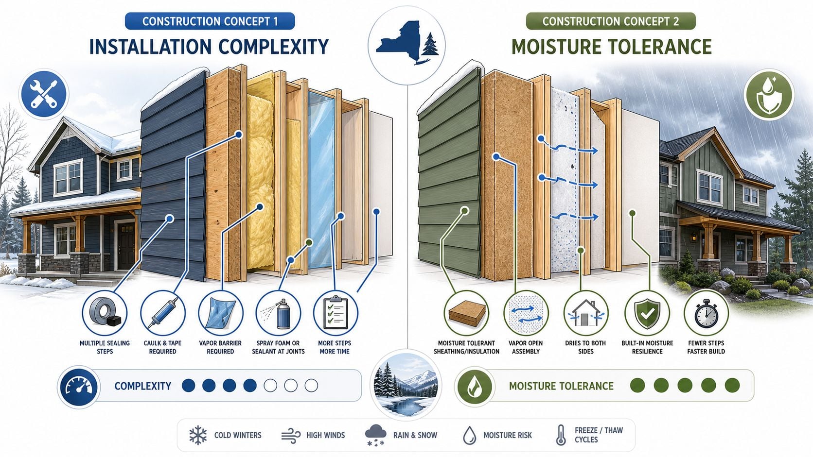 A comparative infographic showing the construction differences between installation complexity in cold climates and moisture tolerance building techniques.