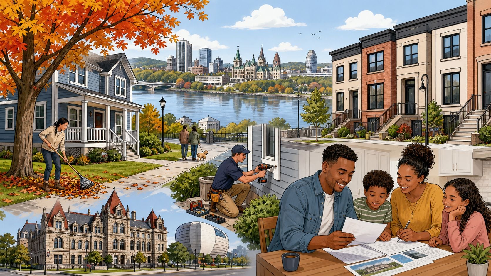 A collage showing a family planning home renovations, a worker fixing siding, and scenic neighborhood views.