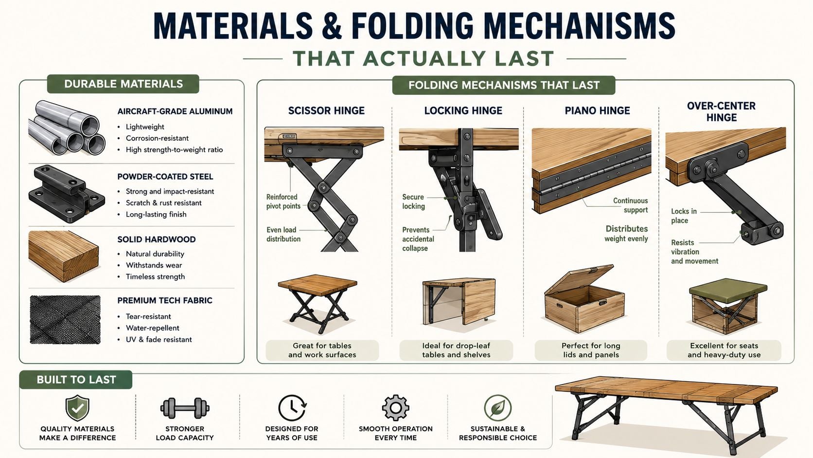An infographic detailing durable materials like aluminum and hardwood, plus folding mechanisms for furniture.