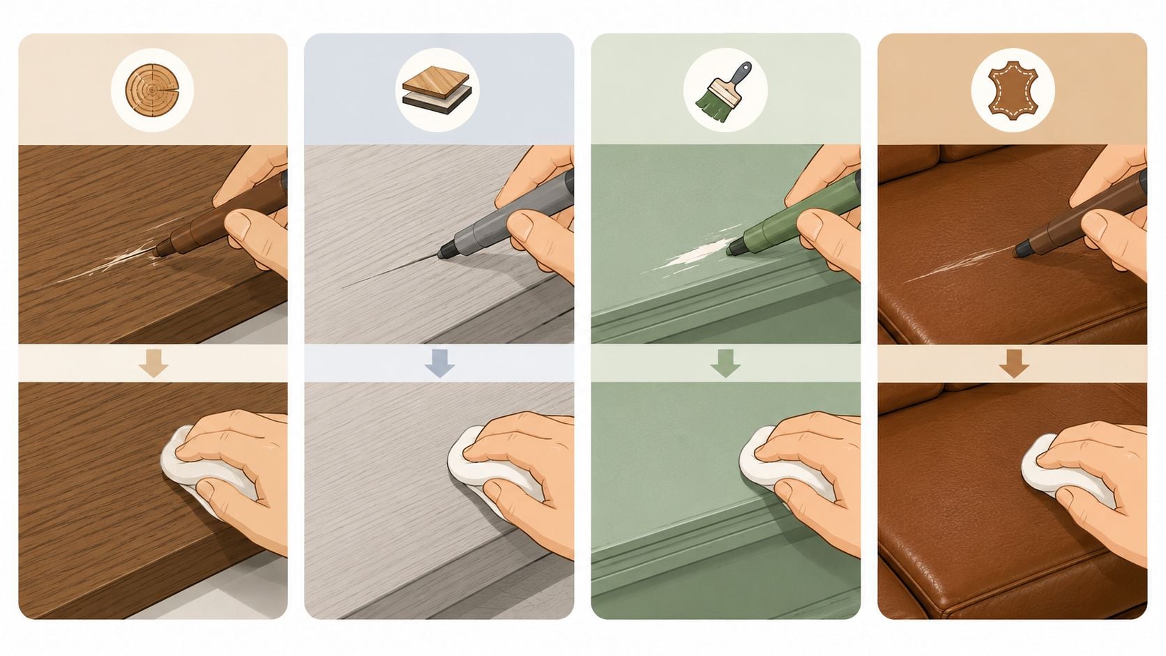 A four-part illustration demonstrating how to repair scratches on various furniture surfaces using a color-matching touch-up marker.