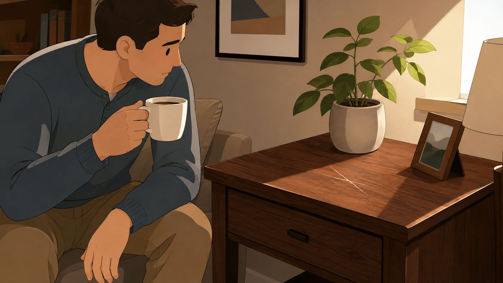 A man sits on a sofa holding a cup while looking at a scratch on his table.