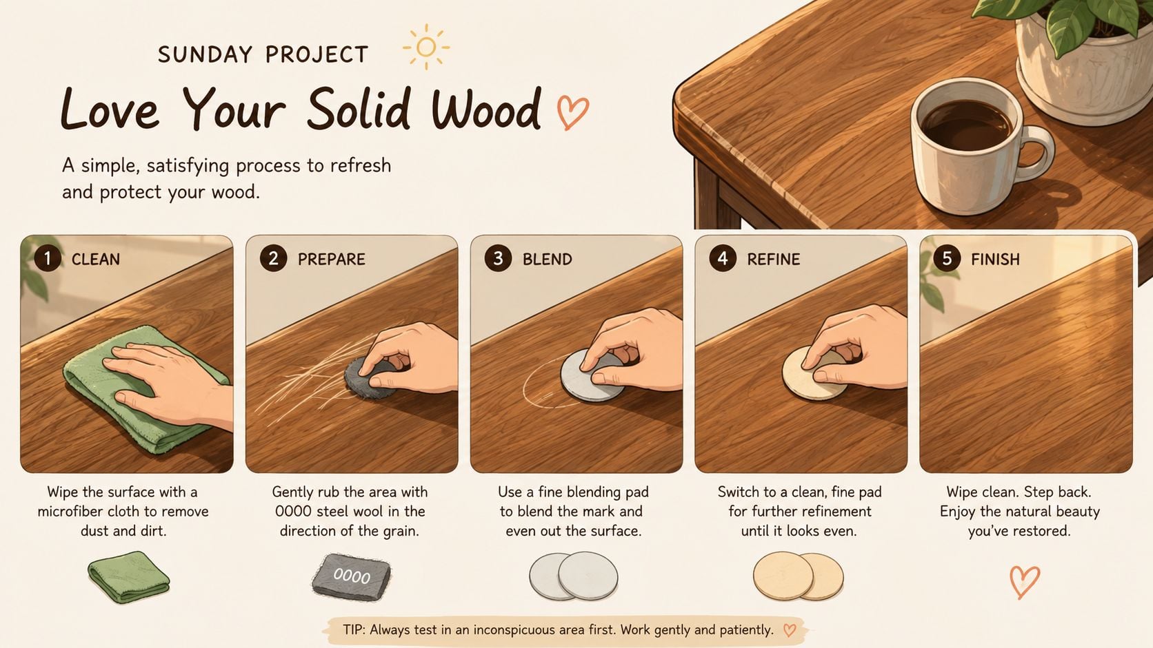 A five-step infographic showing how to repair scratches on solid wood furniture surfaces using simple tools.