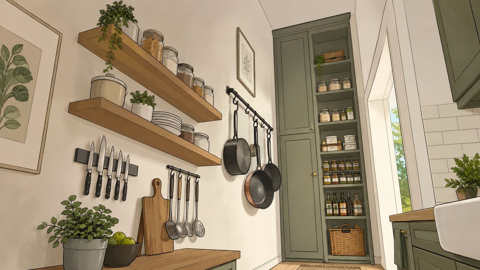 A charming galley kitchen featuring rustic wooden shelves, hanging copper cookware, and an organized tall pantry cupboard.