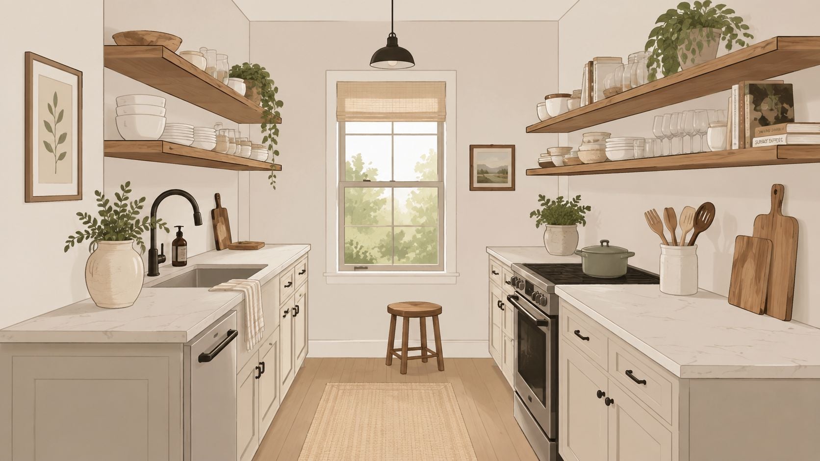 A bright and cozy galley kitchen featuring wooden open shelving, white cabinets, and natural light.
