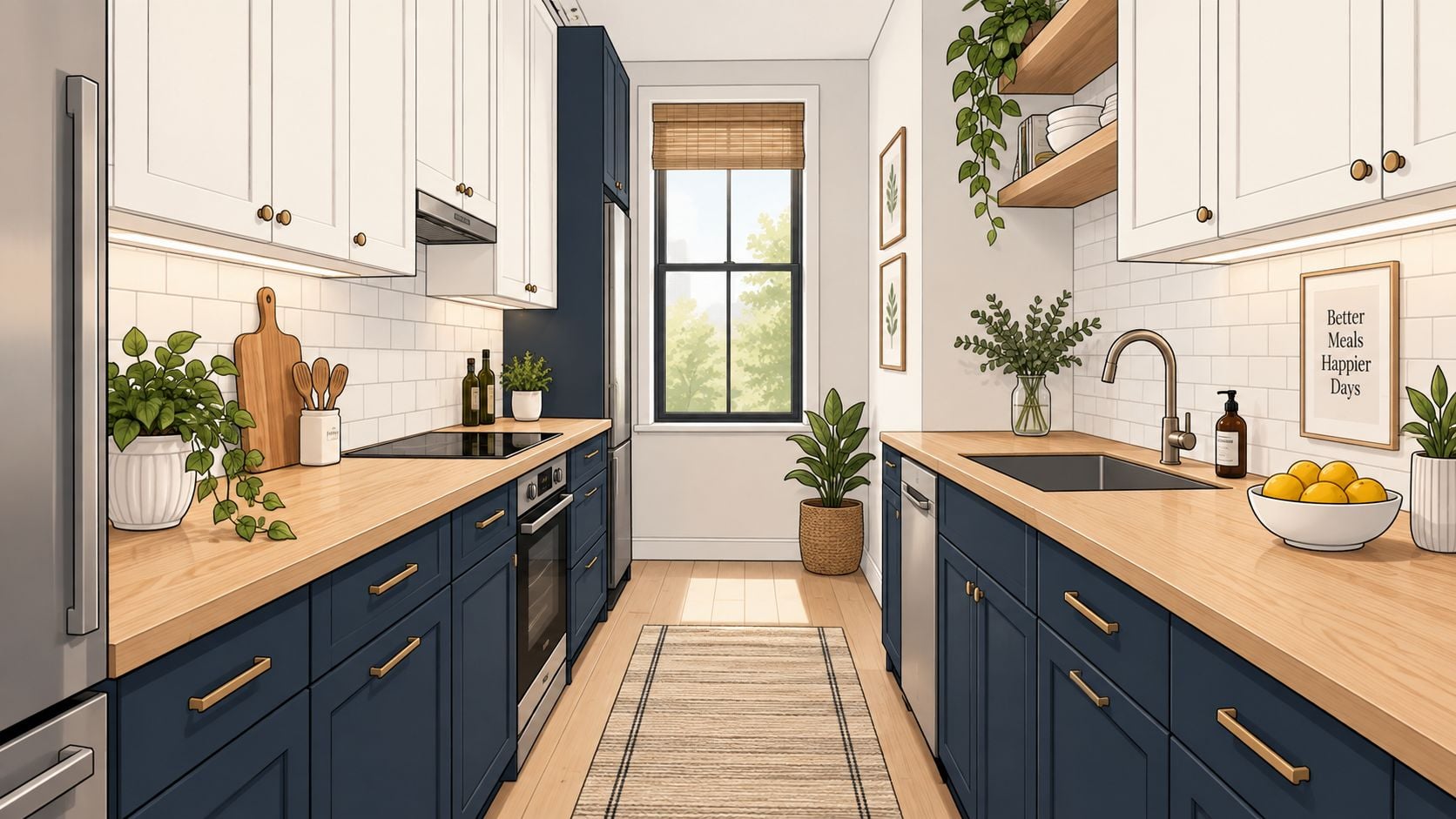 A modern galley kitchen featuring blue cabinets, light wooden countertops, and white subway tile backsplashes.