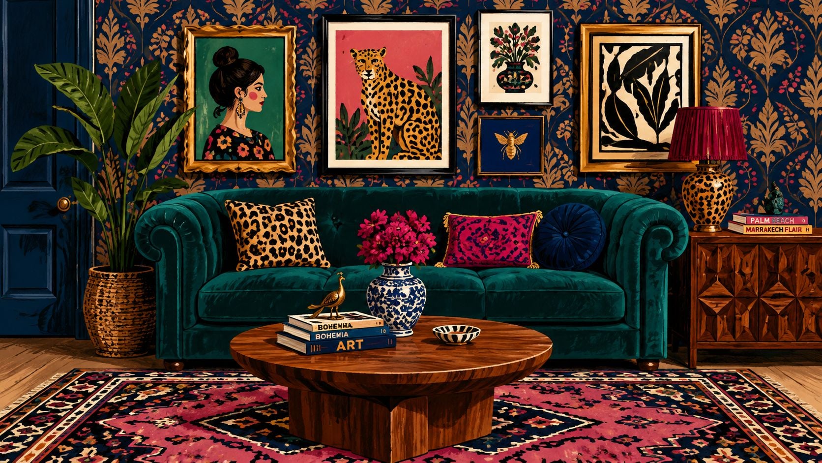 An elegant maximalist living room featuring a teal velvet sofa, patterned wallpaper, and vibrant eclectic decor elements.