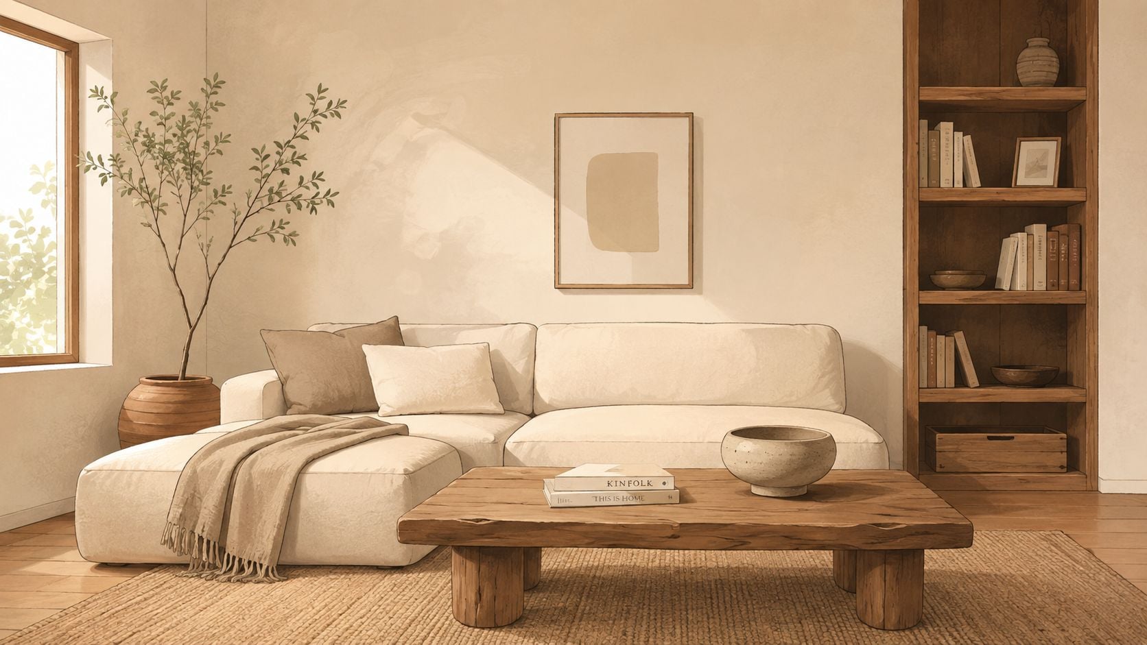 A cozy, minimalist living room with a cream sofa, rustic wooden coffee table, and natural decor elements.