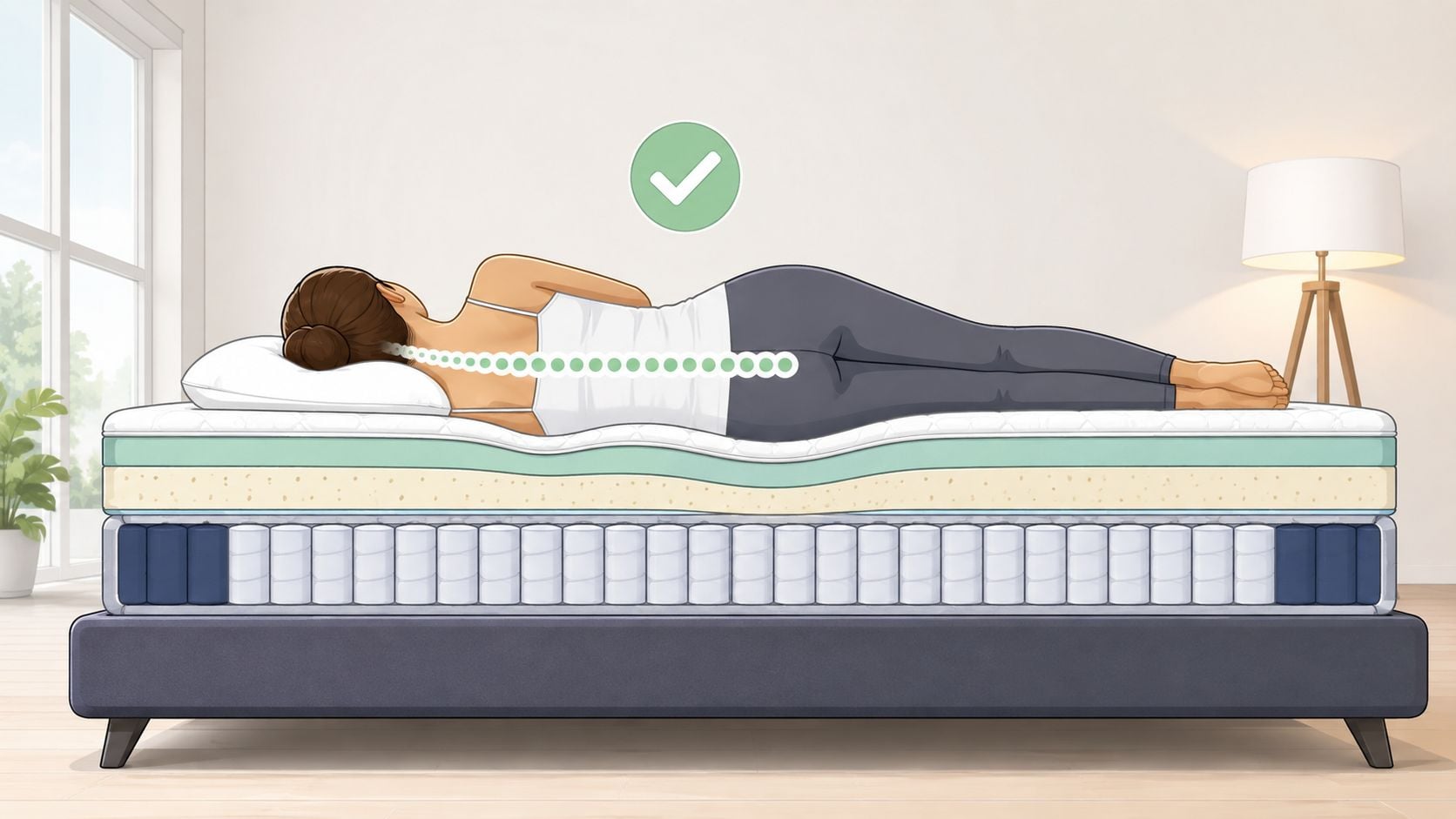 A cross-section illustration showing a person lying on their side on a mattress with proper spinal alignment.