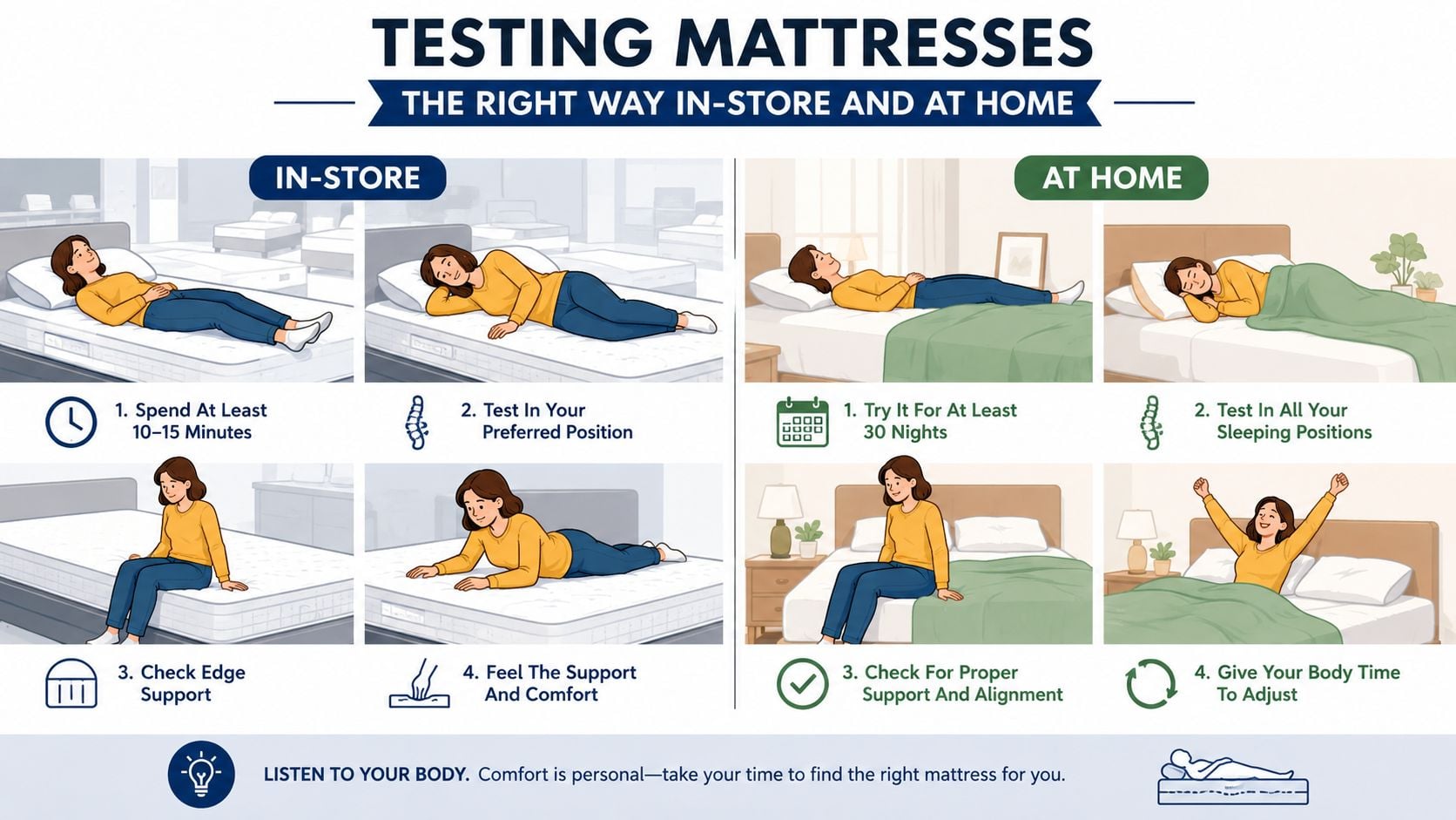 An infographic showing steps for testing mattresses in-store and at home to ensure comfort and support.