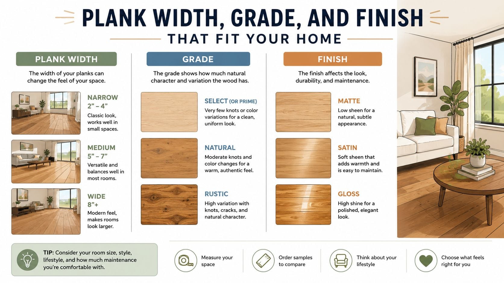 An infographic guide explaining how to select the right hardwood flooring width, grade, and finish.