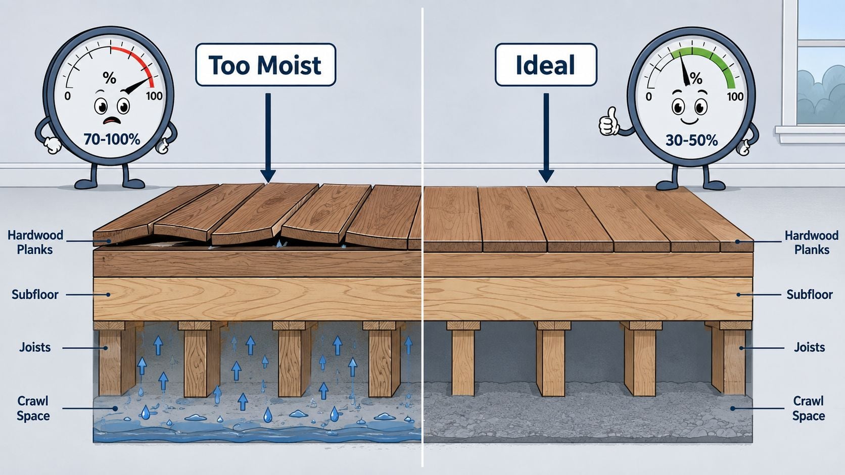 A diagram comparing humidity levels beneath flooring, showing warped planks in damp crawl spaces versus stable ideal conditions.