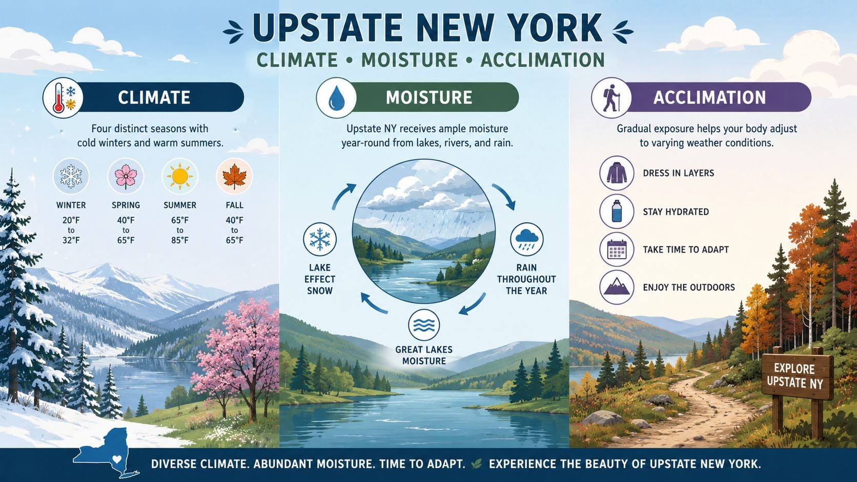 An infographic titled Upstate New York detailing the regional climate, moisture levels, and tips for weather acclimation.