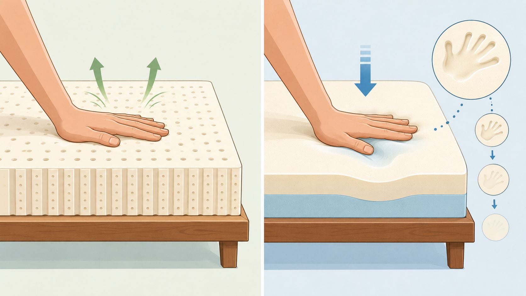 A side-by-side comparison showing a person testing the responsiveness of a latex mattress versus memory foam.