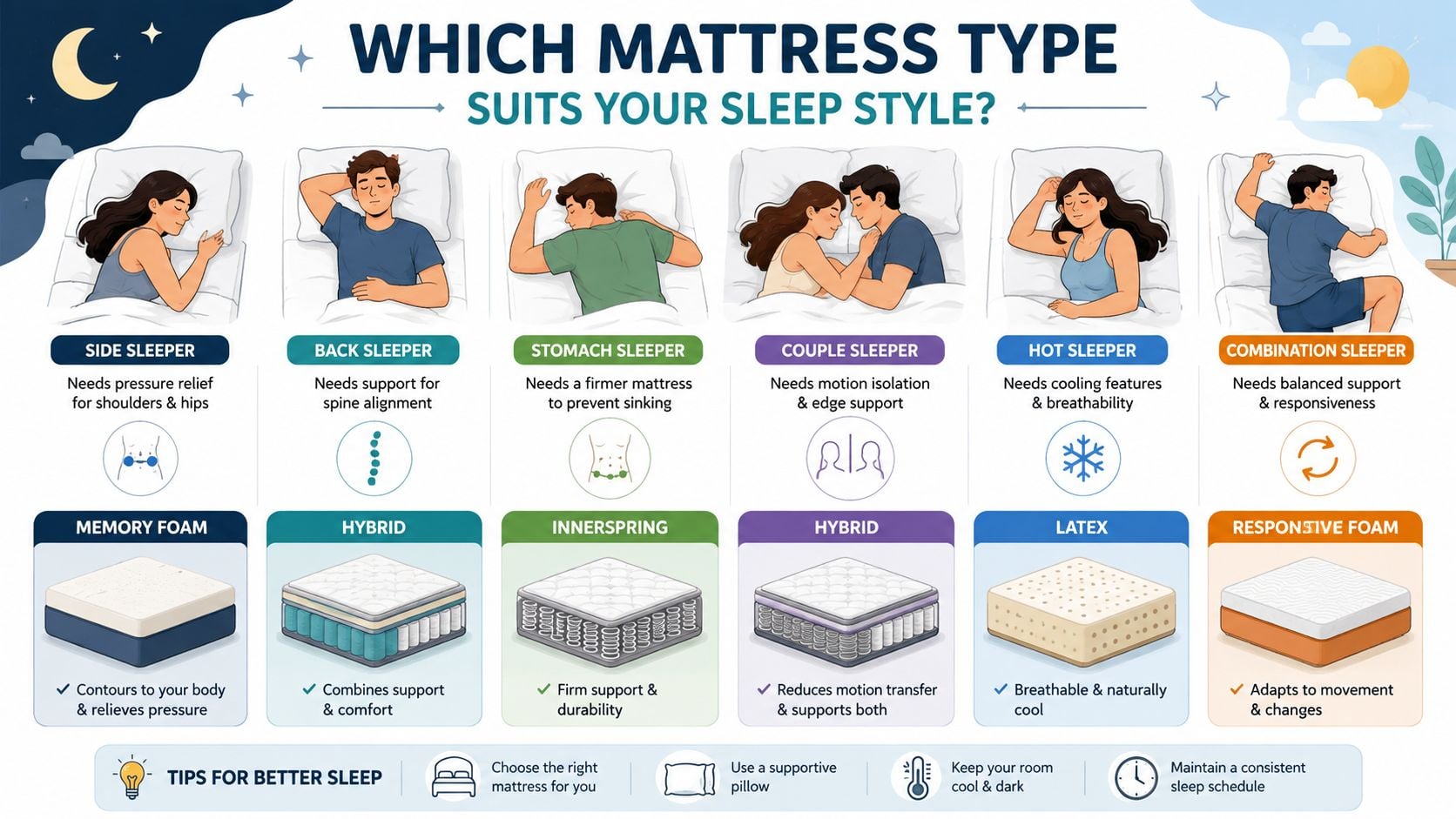 A helpful infographic comparing different mattress types based on specific sleep styles and personal comfort needs.