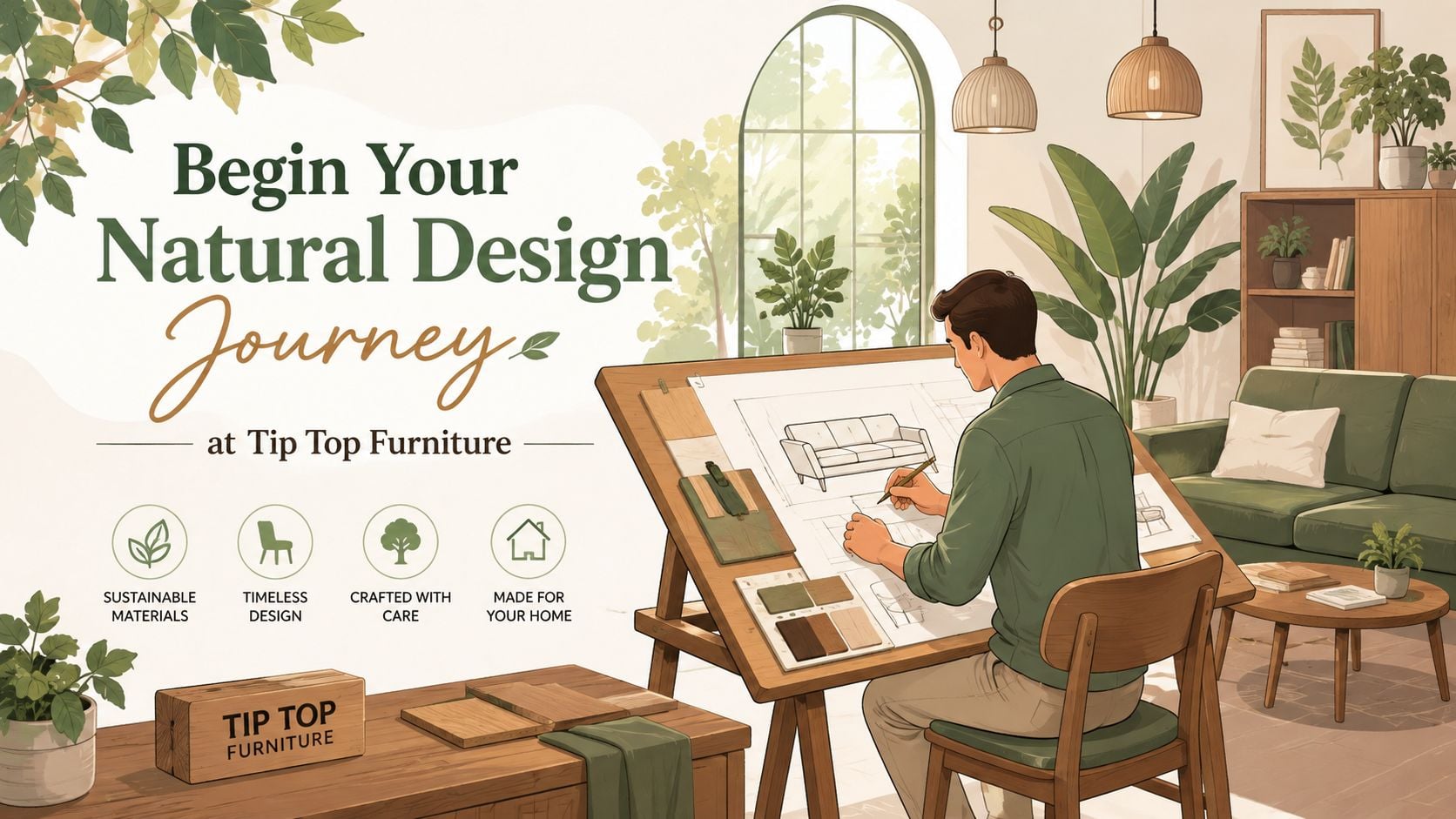 A professional interior designer drawing a couch sketch in a sunlit room featuring natural wood furniture