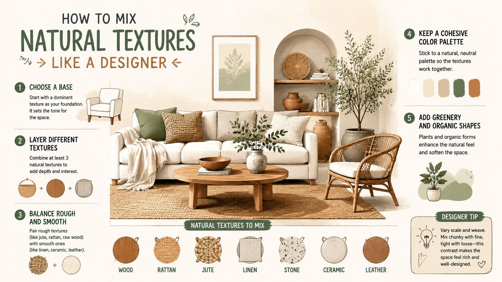 An illustrated guide providing tips on how to mix natural textures for a well-designed home decor space.