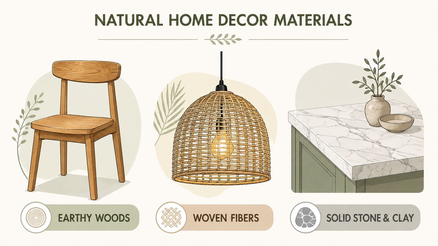 A digital illustration showing natural home decor materials including a wooden chair, woven lamp, and stone countertop.