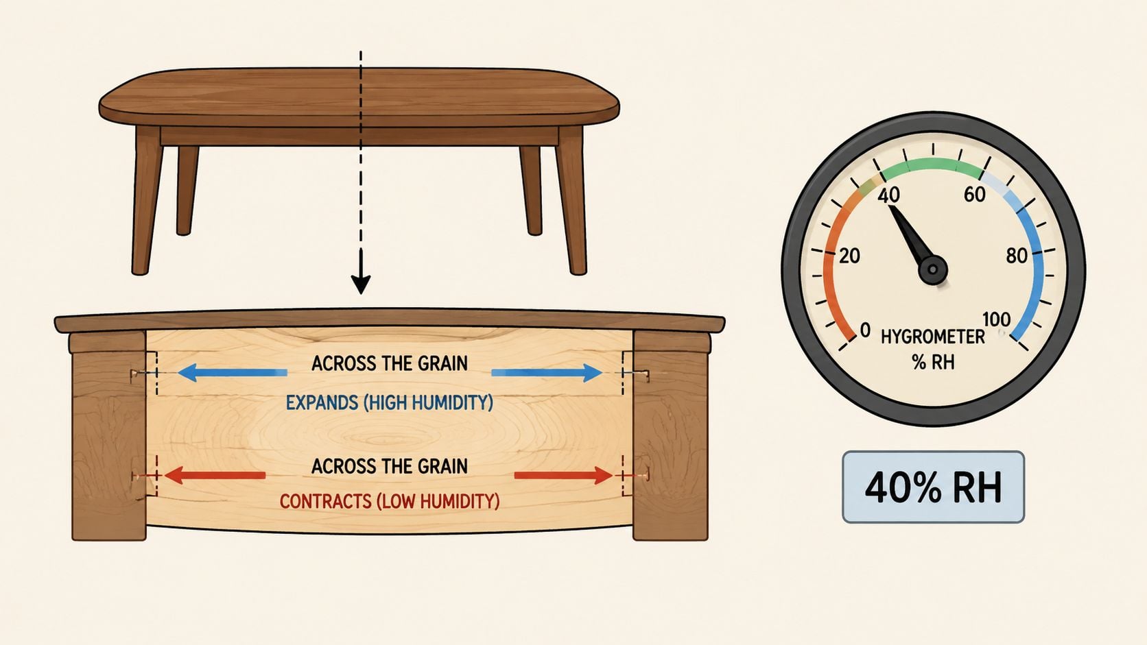 A diagram illustrating how natural wood dining tables expand and contract based on environmental humidity levels.