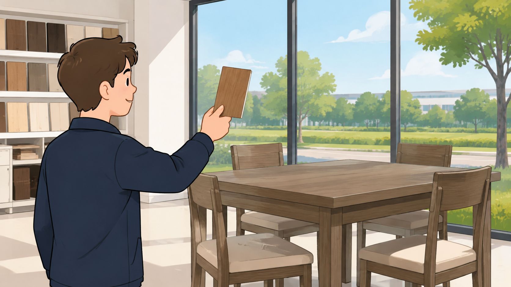 A person holding a wood sample in a furniture store showroom with dining tables and shelves.
